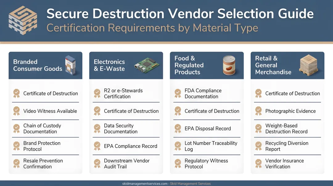 Four-category destruction vendor selection guide with certification requirements by material type