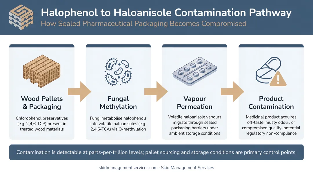 Halophenol to haloanisole contamination pathway affecting sealed pharmaceutical packaging