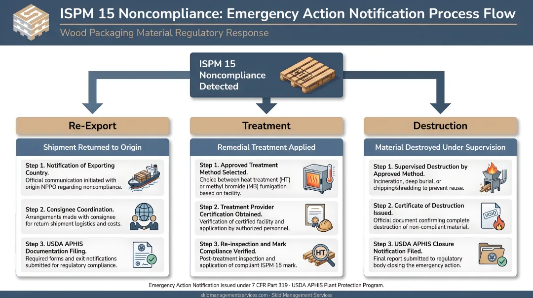 ISPM 15 noncompliance three-outcome Emergency Action Notification process flow