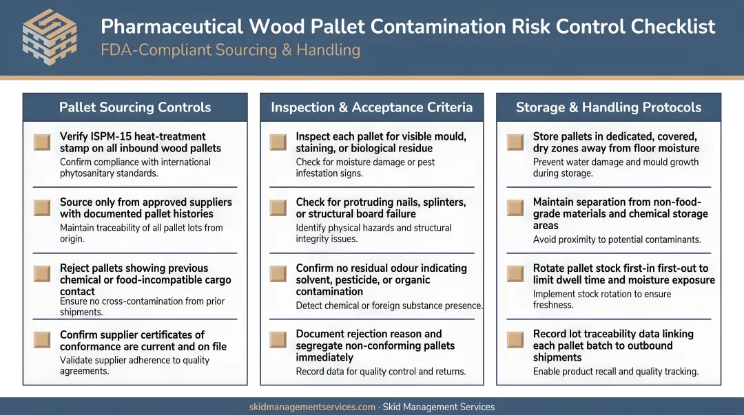 Three-category pharmaceutical wood pallet contamination risk control checklist infographic