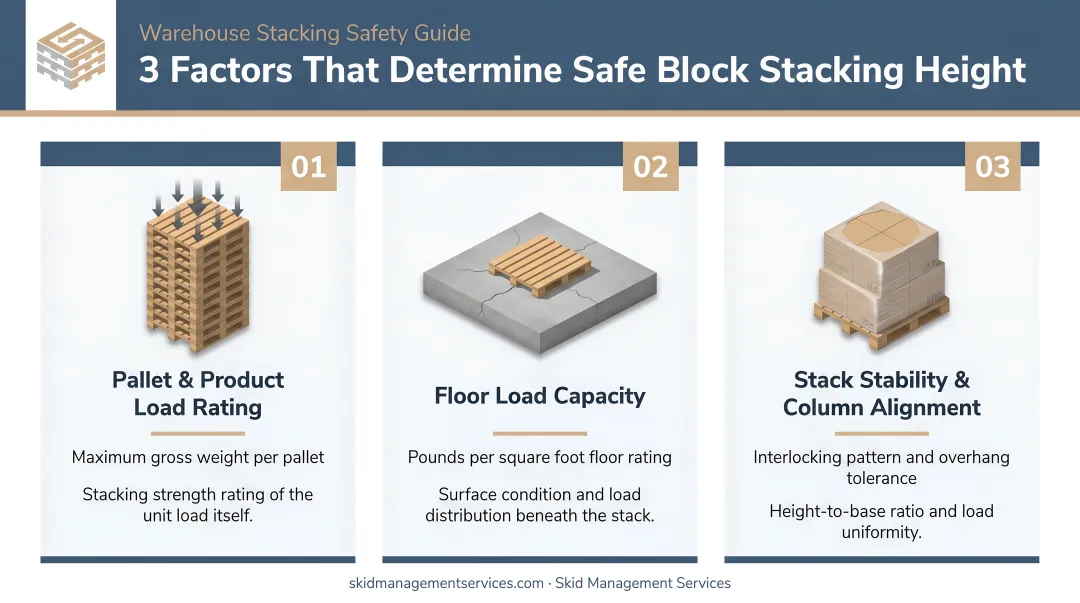 Three factors determining safe block stacking height limits for warehouse operations