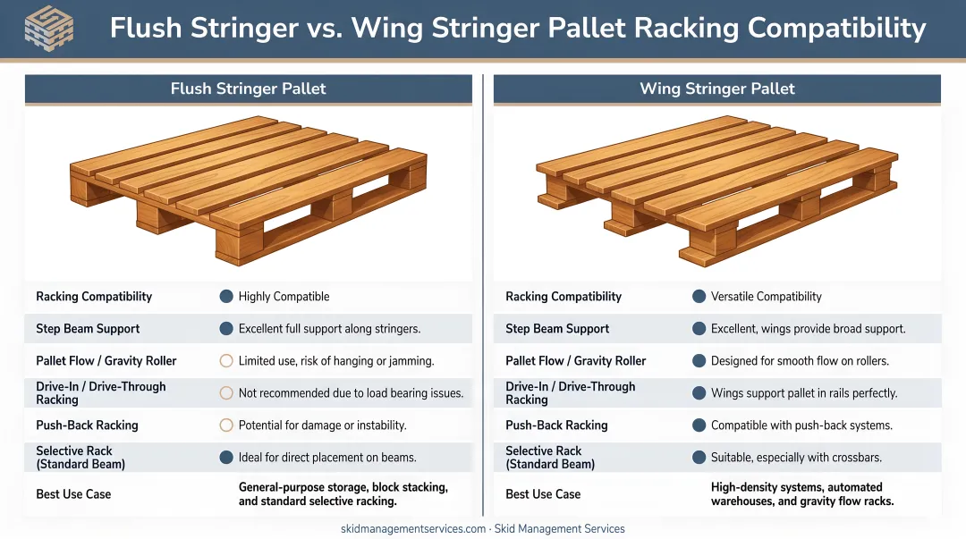 Flush versus wing stringer pallet racking compatibility side-by-side comparison infographic