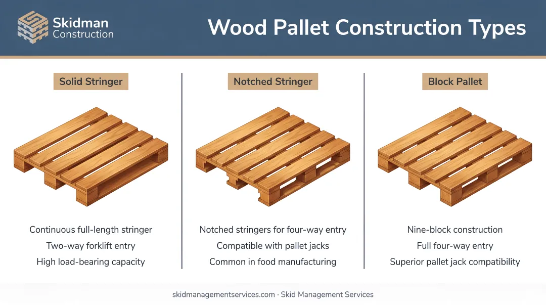 Three pallet construction types showing solid stringer notched stringer and block designs