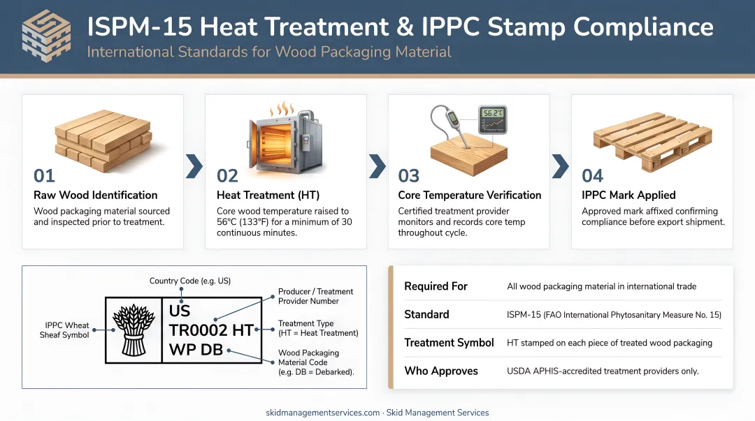 ISPM-15 heat treatment compliance process and IPPC stamp requirements infographic
