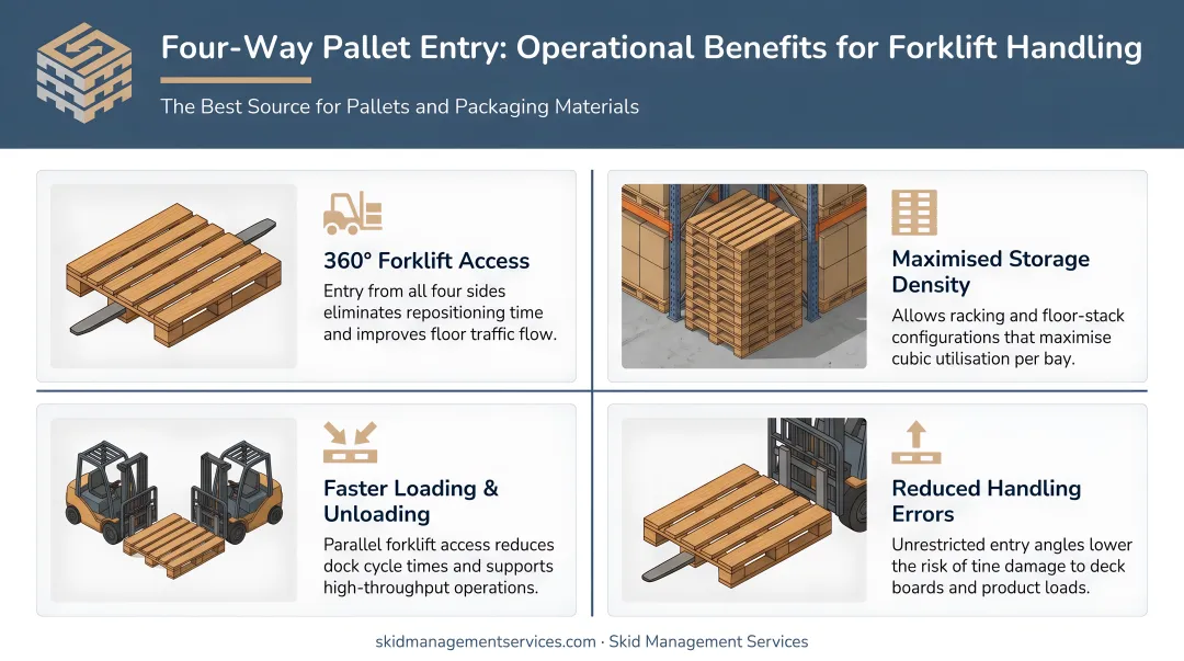 Four-way pallet entry operational benefits for warehouse forklift handling infographic