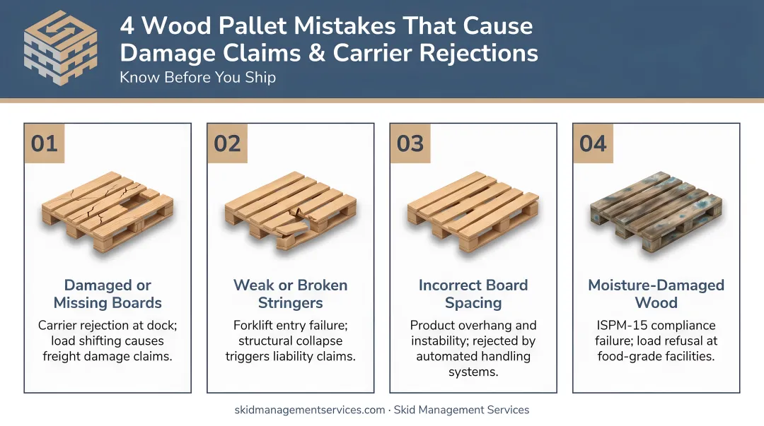 Four most common wood pallet shipping mistakes causing damage claims and carrier rejections