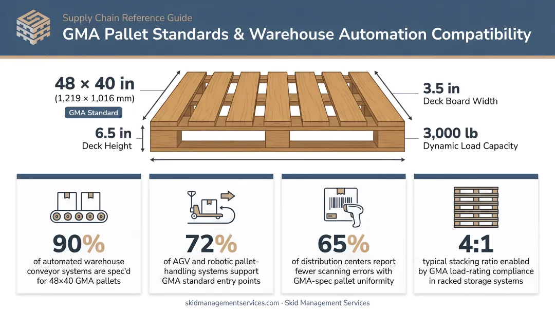 Wood pallet warehouse automation compatibility statistics and GMA standard dimensions infographic
