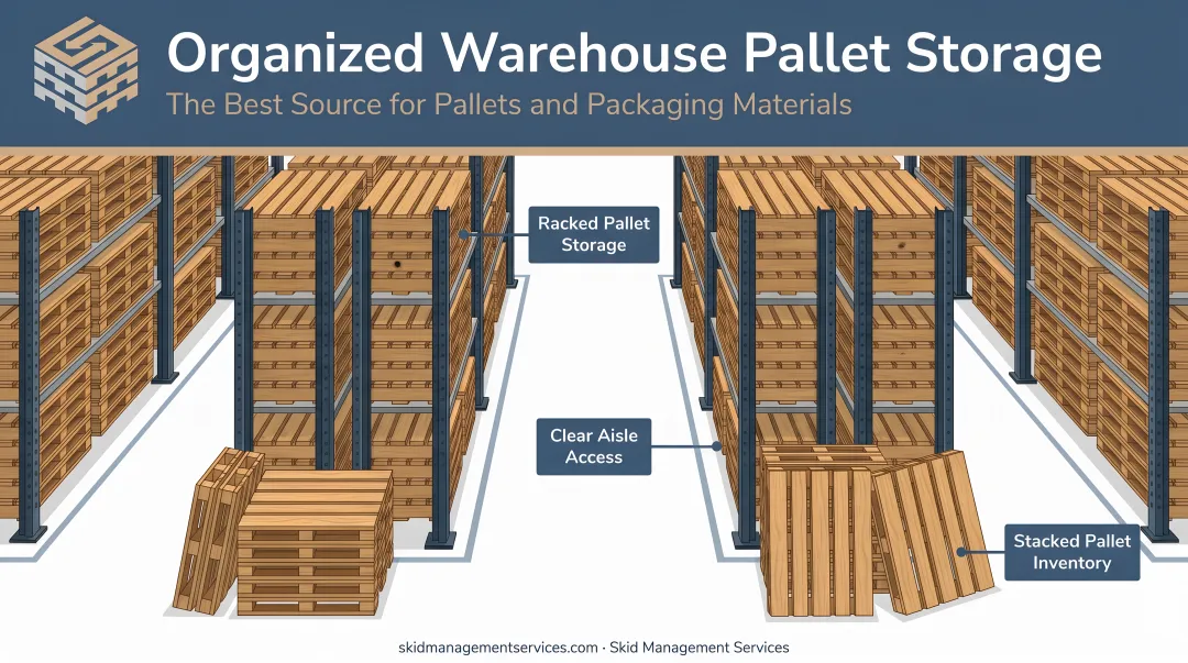 Organized warehouse pallet storage area with racks clear aisles and stacked pallets