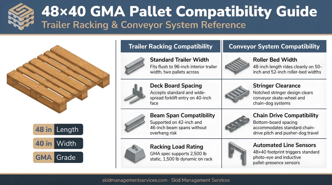 48x40 GMA pallet compatibility with trailer racking and conveyor systems infographic