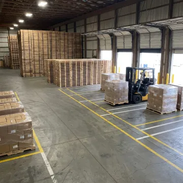 Industrial wood pallets in a warehouse