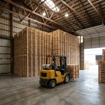 stacks of high quality wood pallets in warehouse