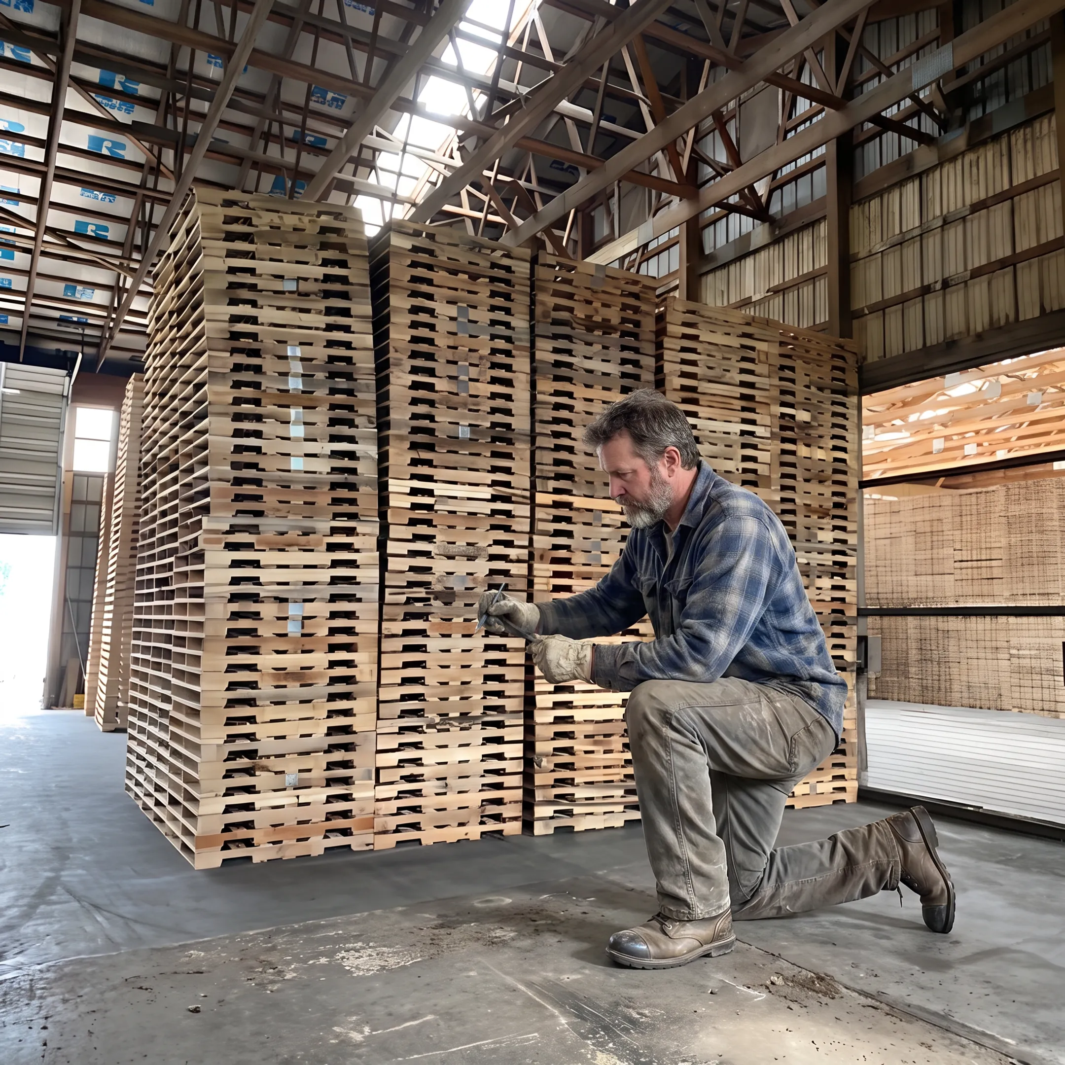 Worker sorting used pallets at a warehouse