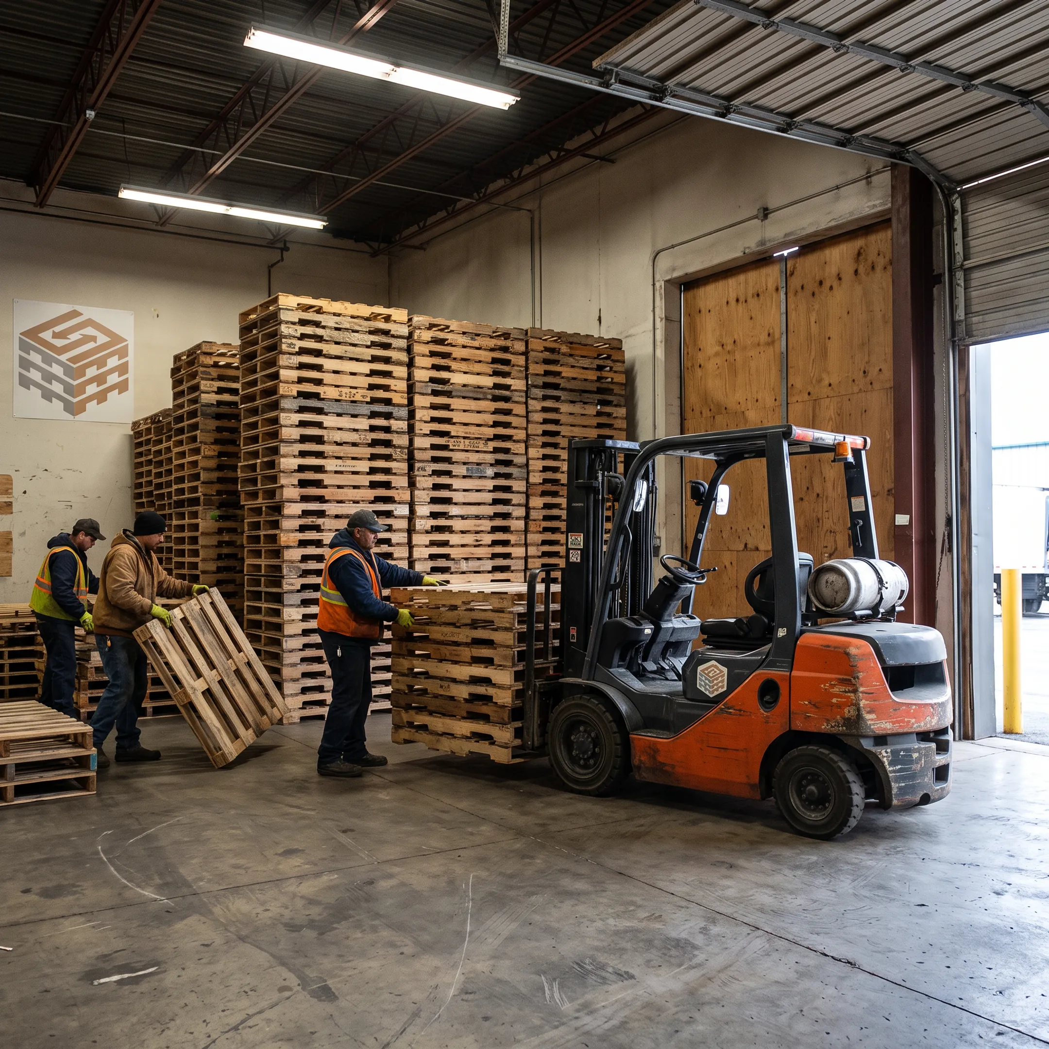 Stacked used wooden pallets ready for pickup