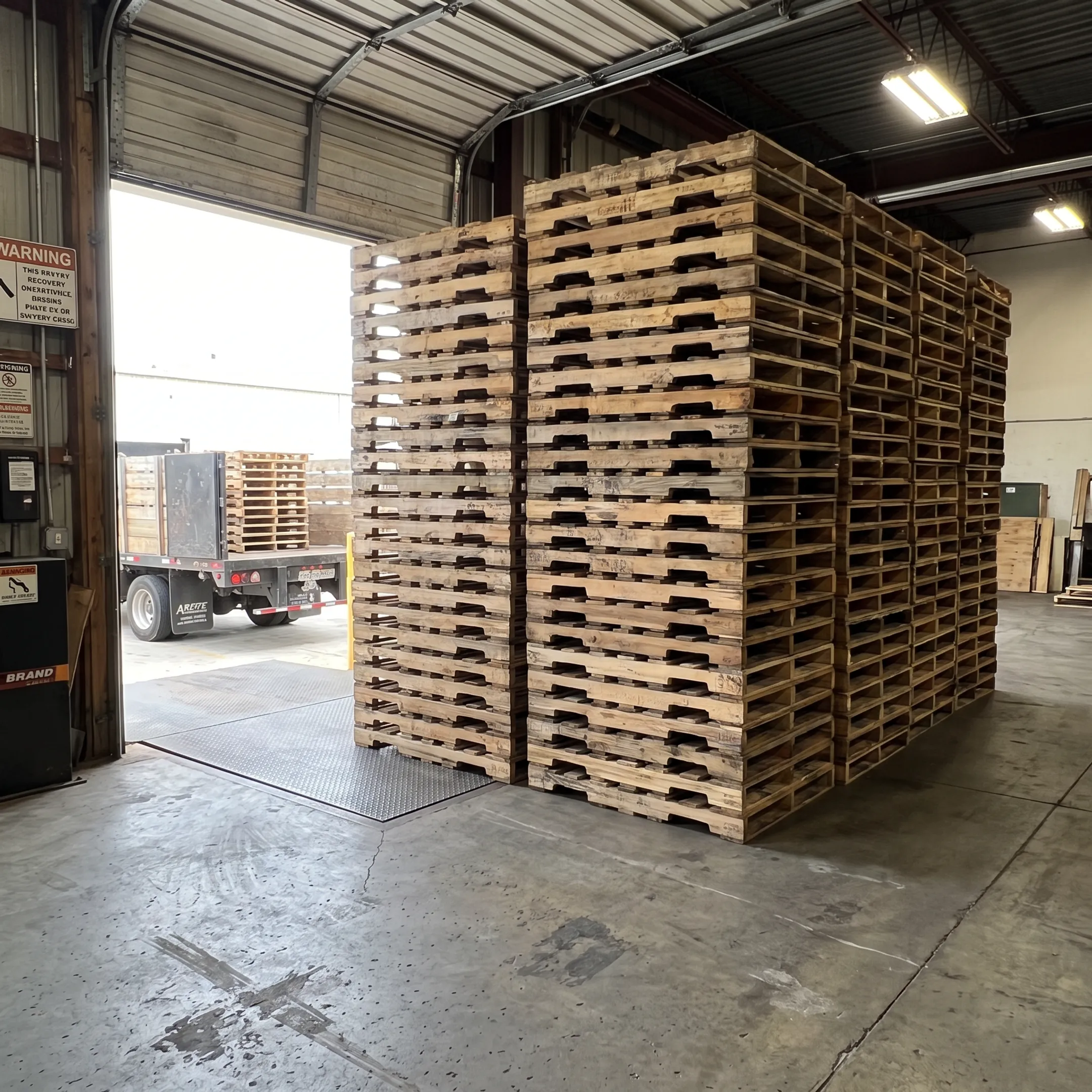 Used pallets prepared for recycling pickup