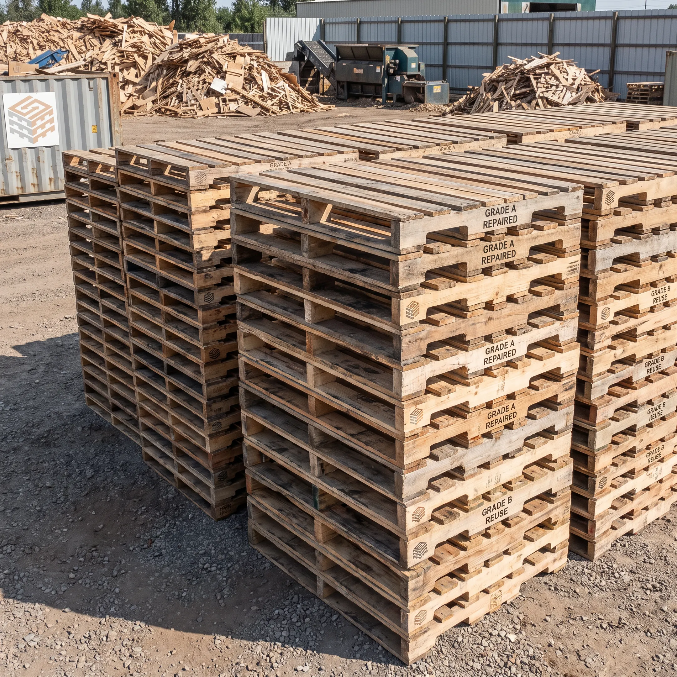 Repaired wood pallets stacked in a recycling yard