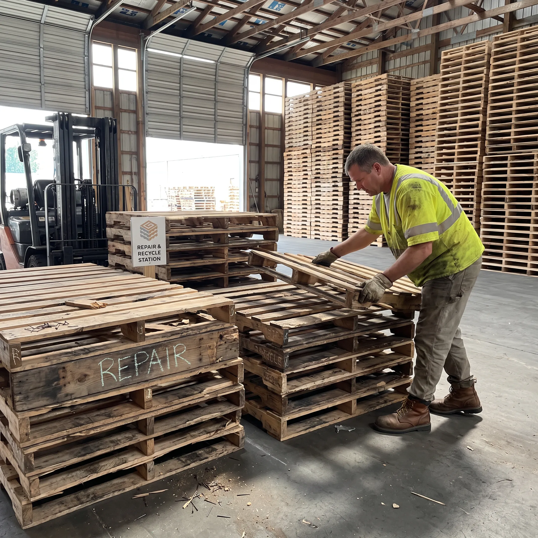 Worker sorting used wood pallets for recycling