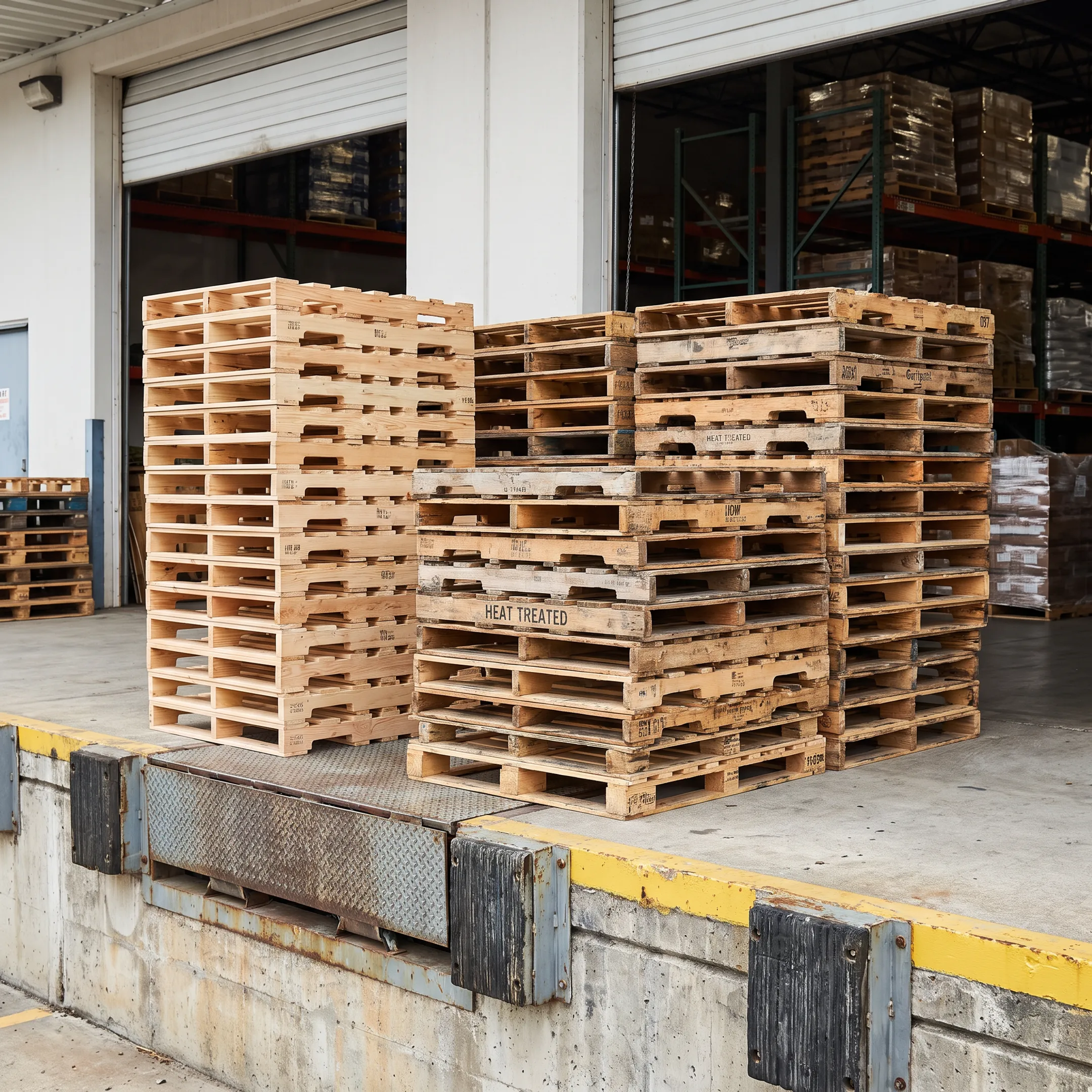 Stacks of wood pallets ready for warehouse delivery