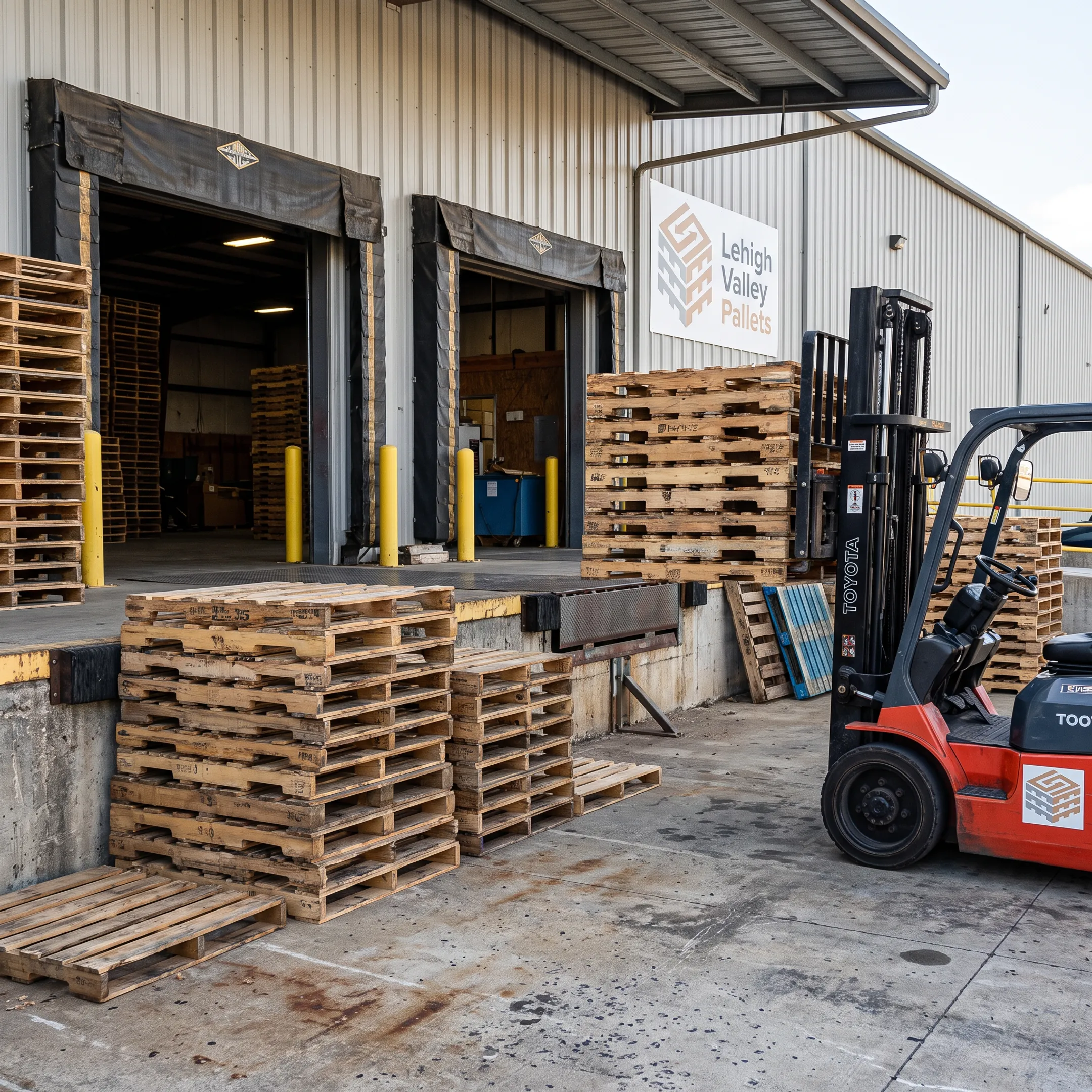 Used wood pallets staged for pickup at a warehouse