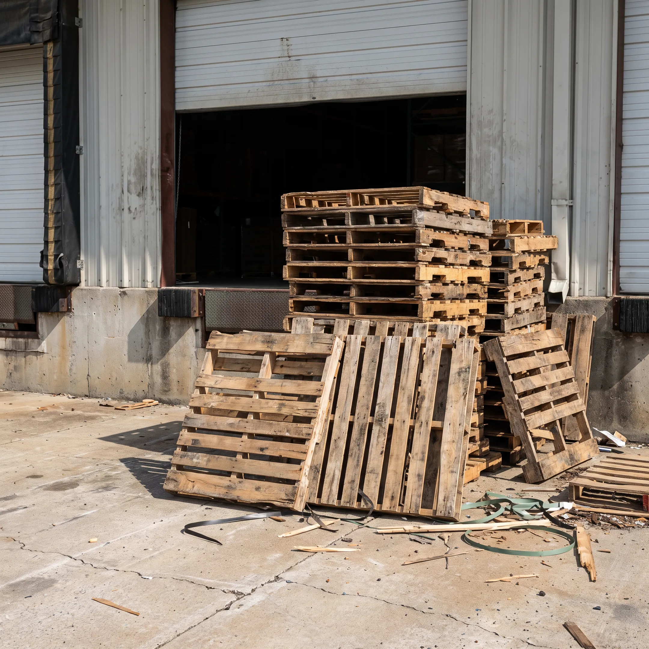 Used pallets prepared for pickup and recycling
