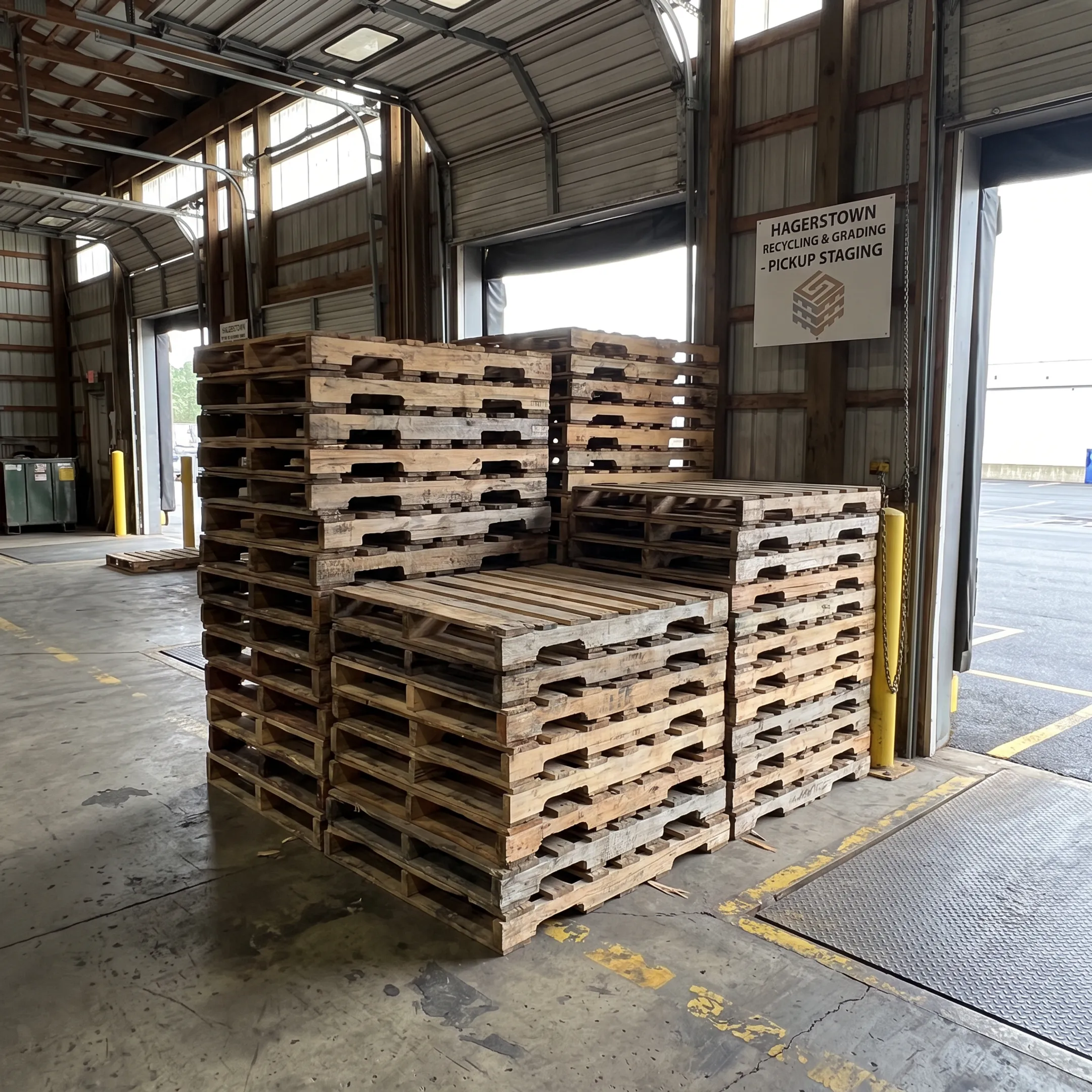 Used pallets staged for pickup at warehouse