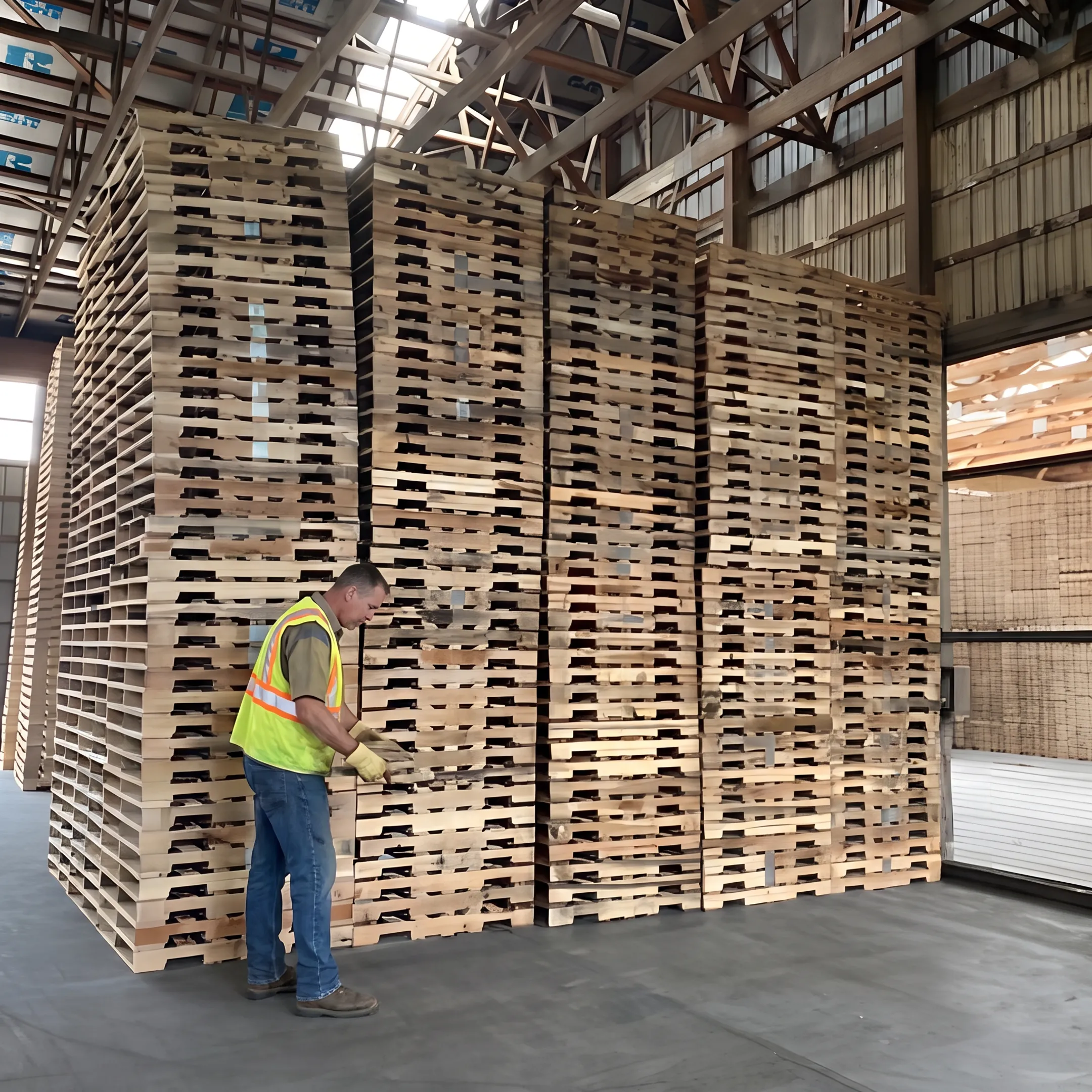 Worker inspecting used pallets for buy-back