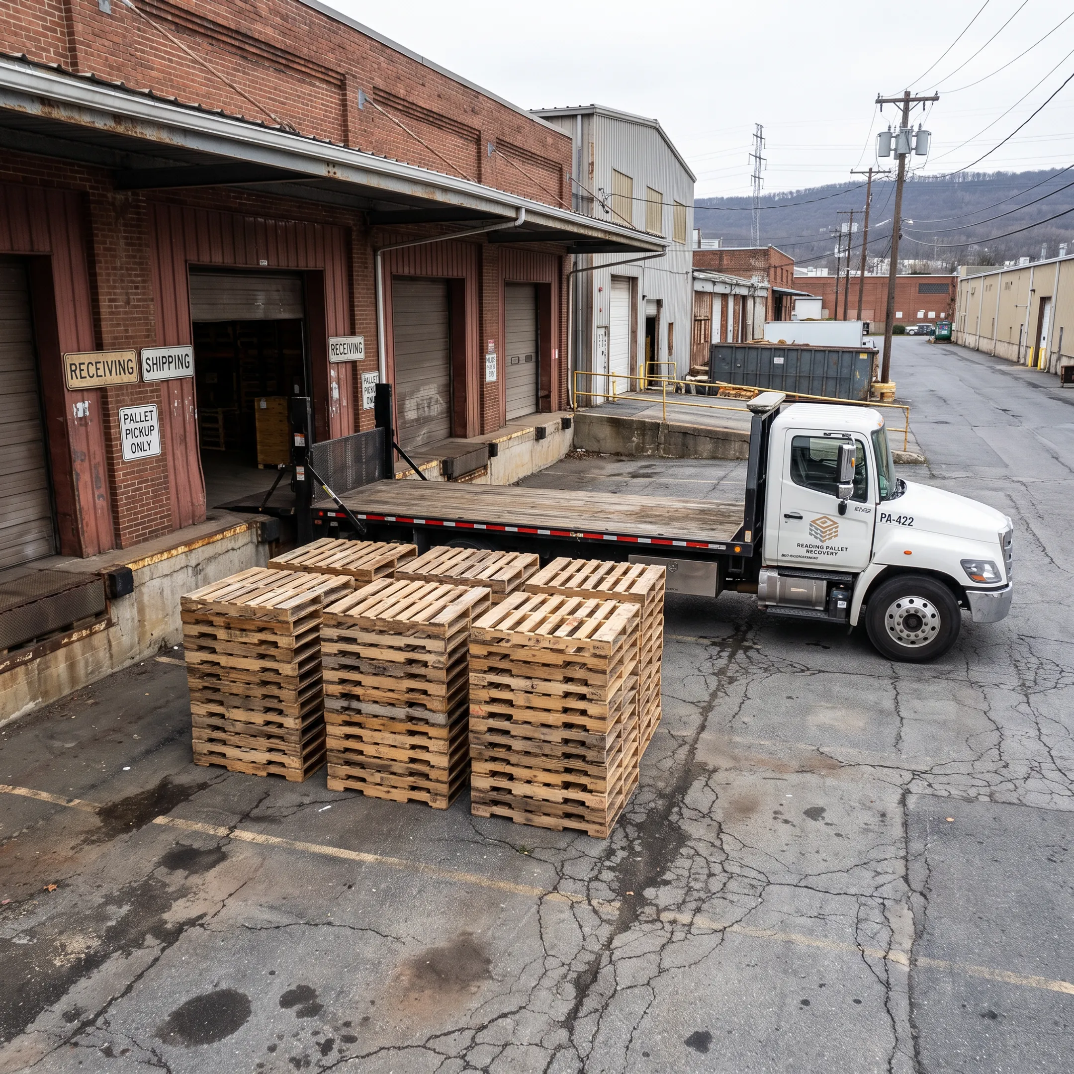 Used wood pallets staged for warehouse pickup