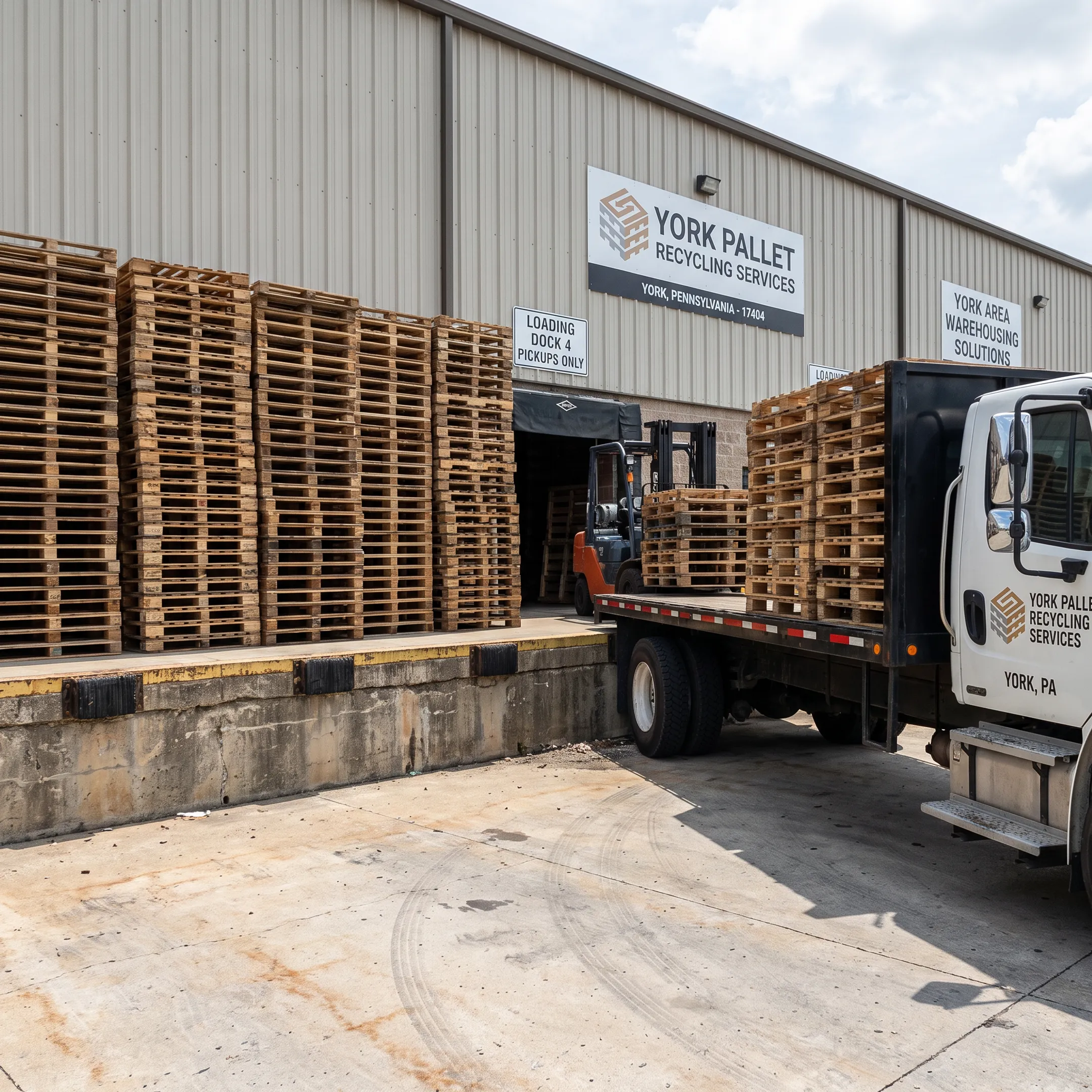 Stacked used pallets ready for collection