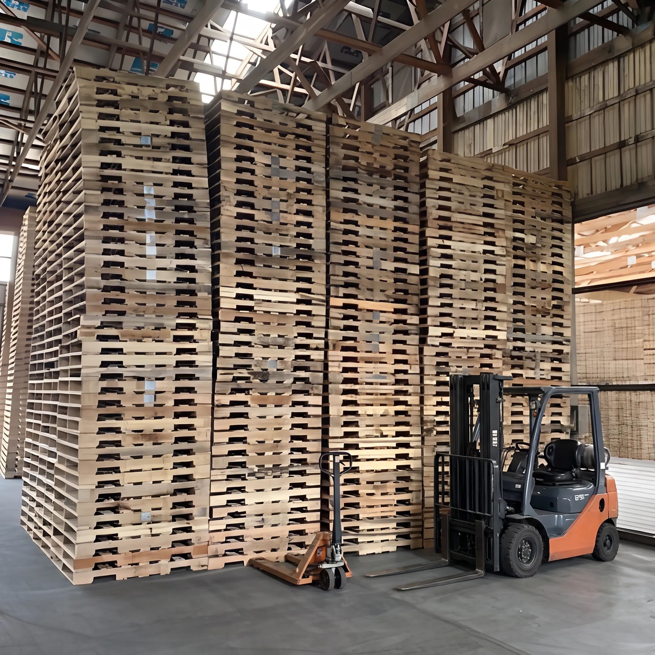 Grade A wooden pallets stacked in a warehouse