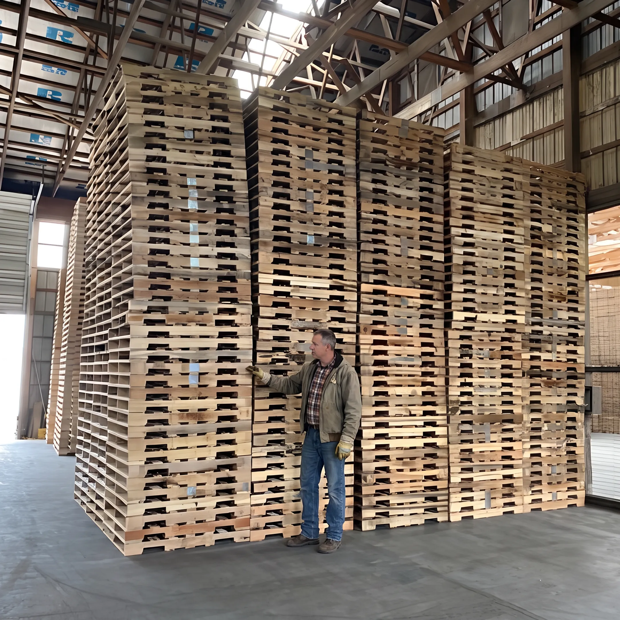 Stacked Grade A recycled wood pallets ready for warehouse delivery