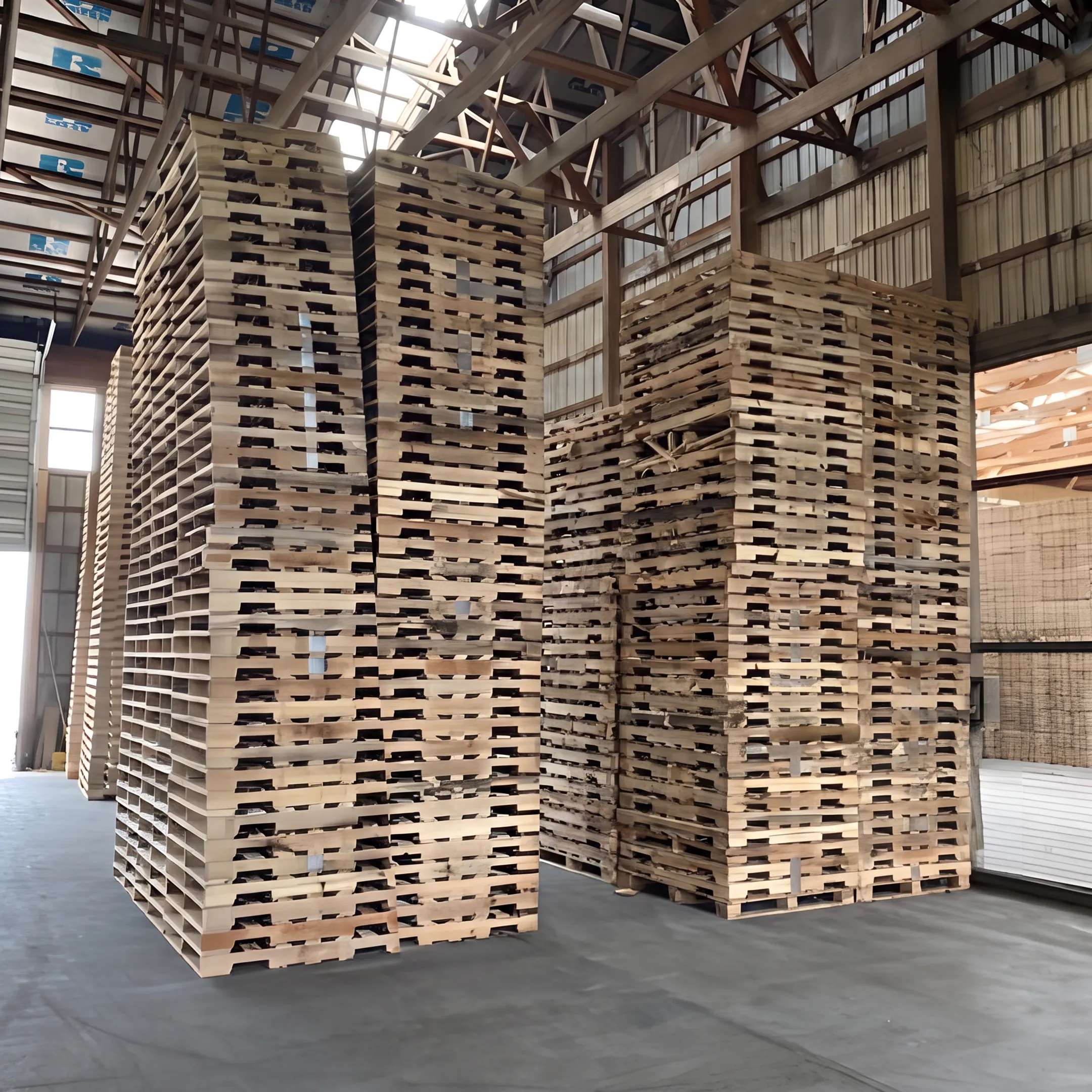 Sorted used pallets ready for buy-back pickup