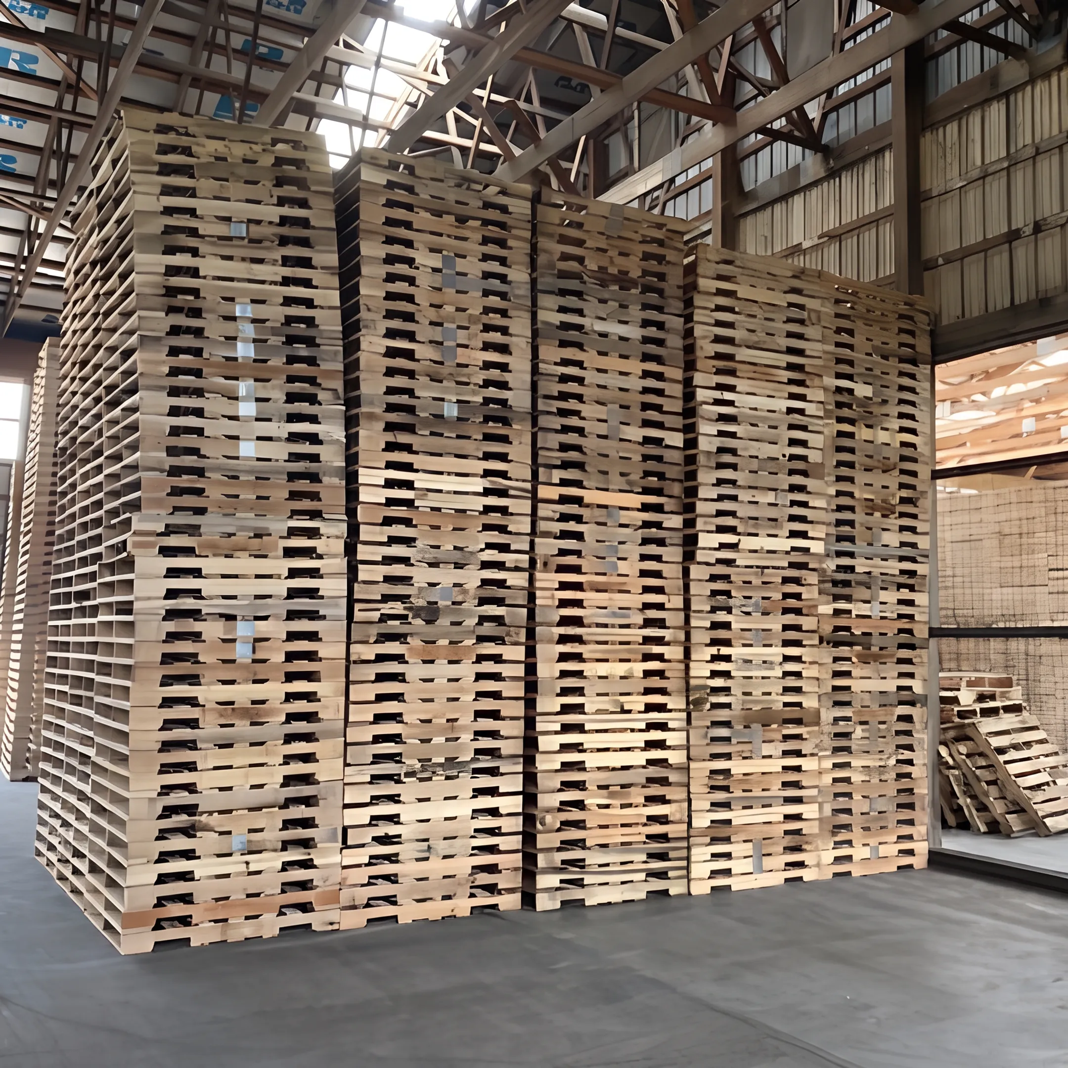 Used wooden pallets sorted for reuse and recycling