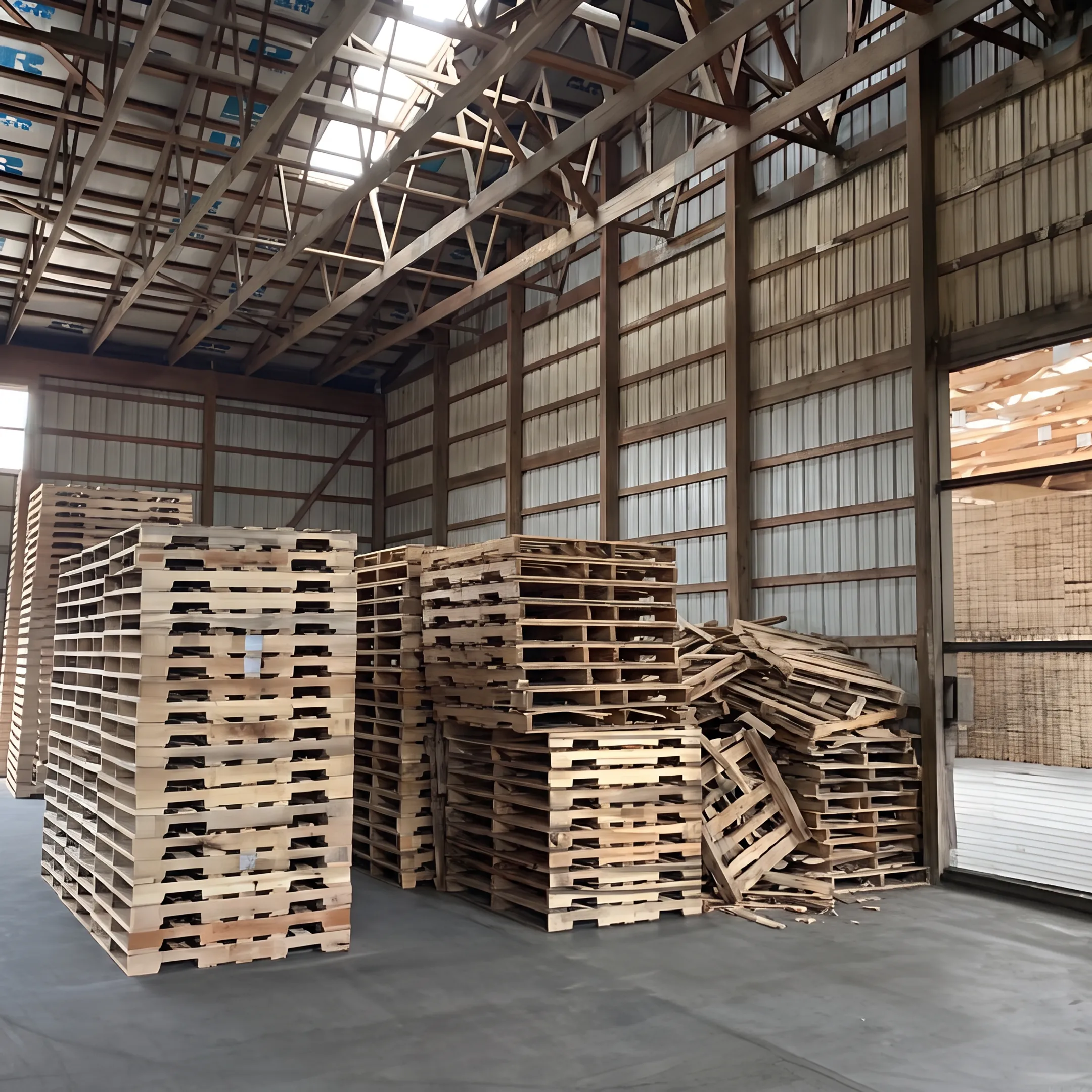 Sorted wood pallets prepared for reuse and recycling