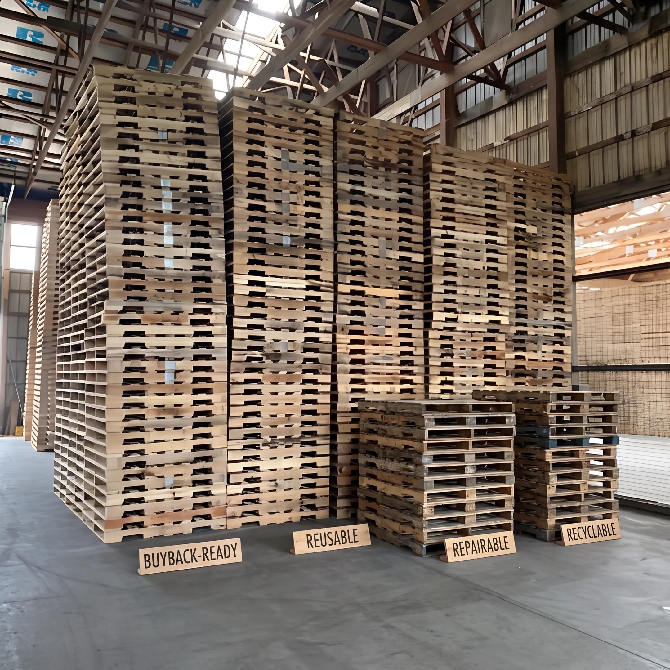 Sorted used pallets at a commercial recycling facility