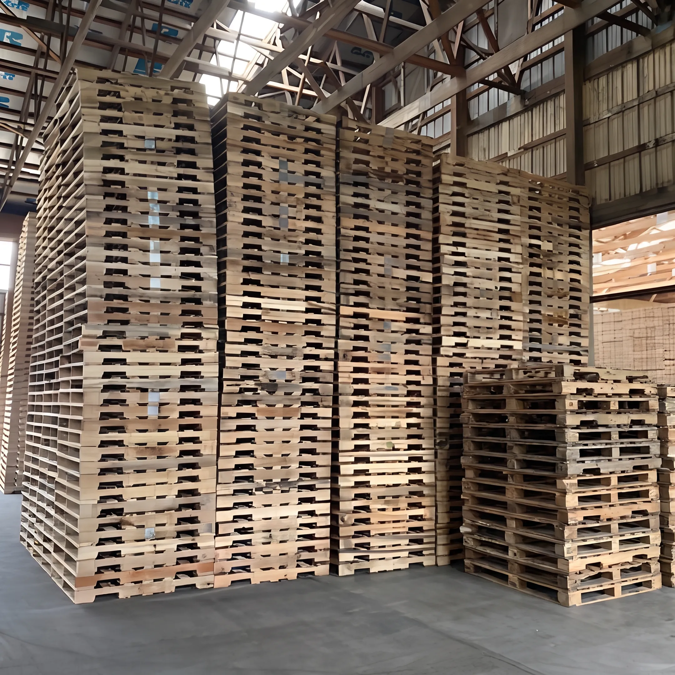 Recovered wooden pallets organized for reuse and recycling