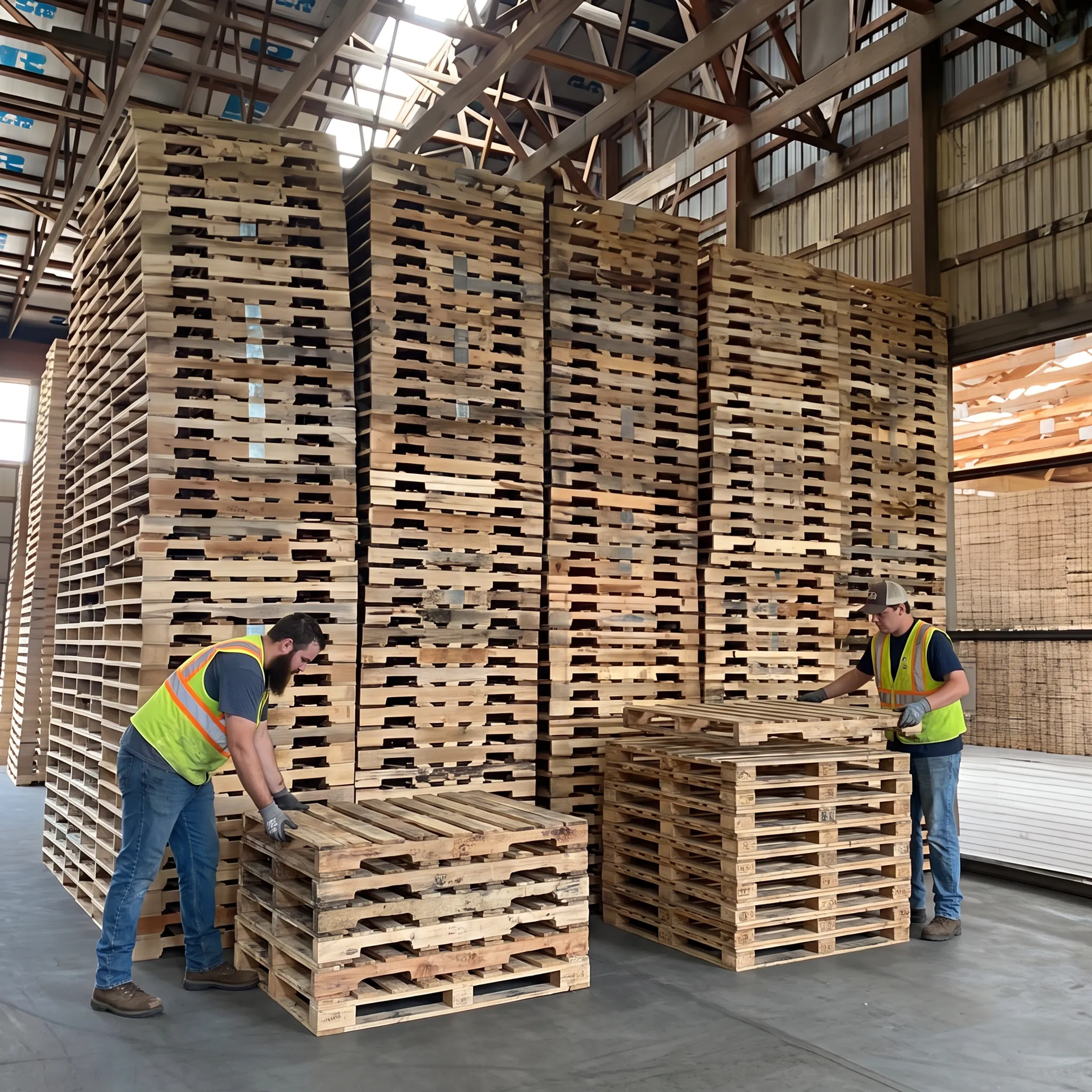 Bulk wood pallets organized for commercial pickup and resale