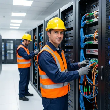 Professional technicians installing fiber optic network cables in a modern data center