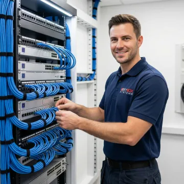 Professional network cabling installation technician organizing structured Cat6 cables in telecommunications room rack