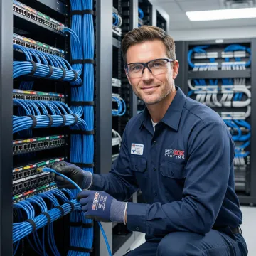 Professional technician installing structured network cabling infrastructure in modern office environment