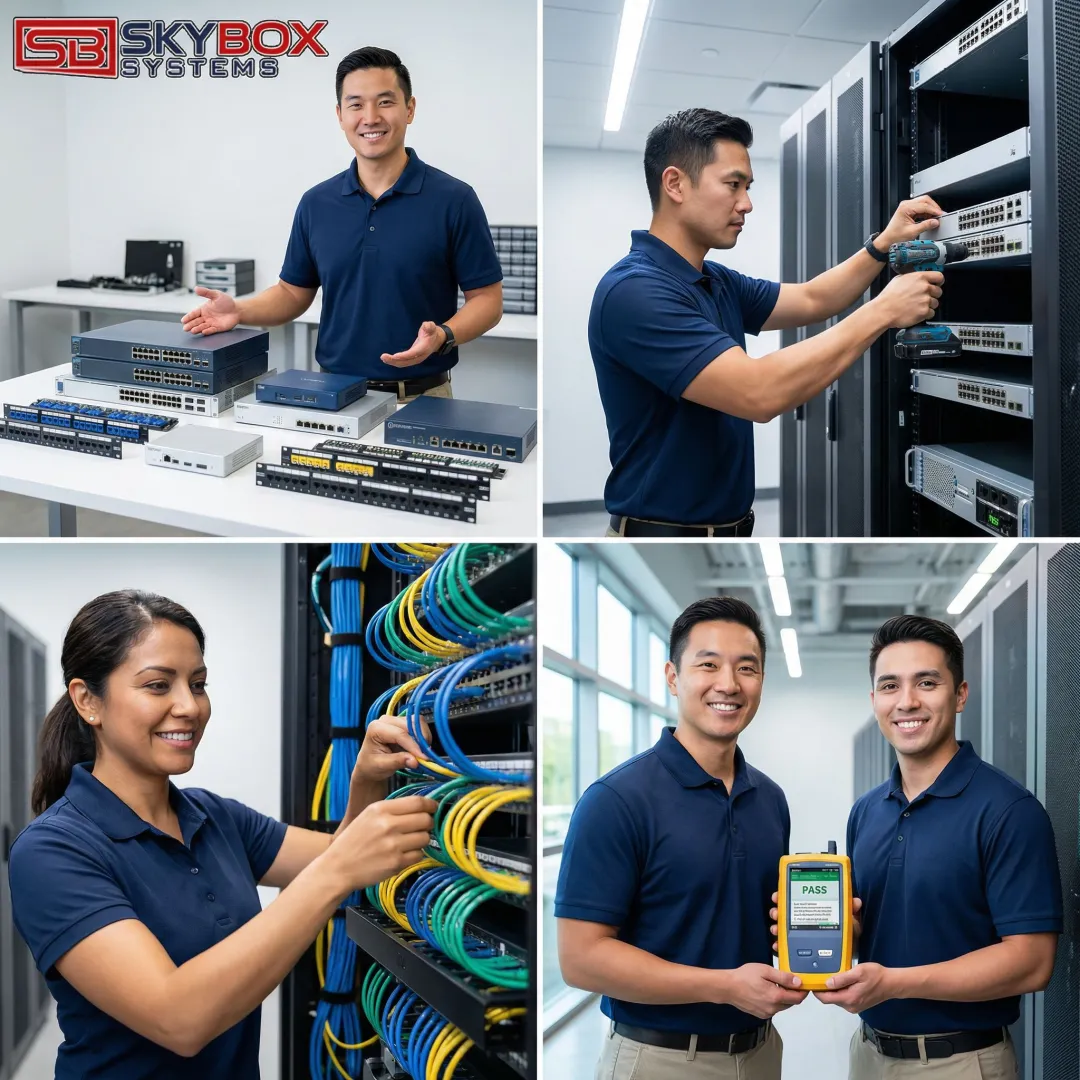 Step-by-step network hardware installation process showing rack mounting and cable management