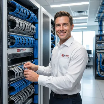 Professional network technician installing structured cabling system in Jacksonville business office
