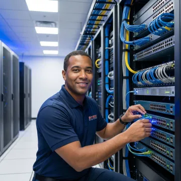 IT technician maintaining network hardware in Atlanta server room