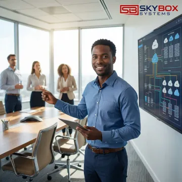 Network consultant reviewing infrastructure blueprints with business client