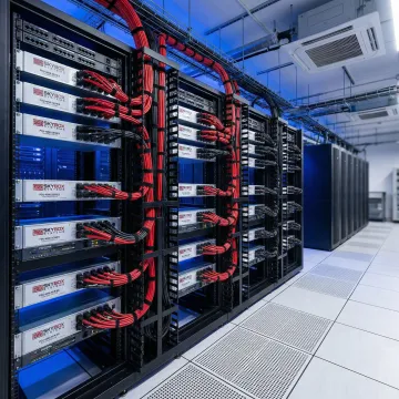 Organized data center power distribution system with labeled PDUs and structured power cabling in modern server environment