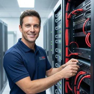 Data center technician installing secondary power distribution system with rack-mounted PDUs and organized power cabling