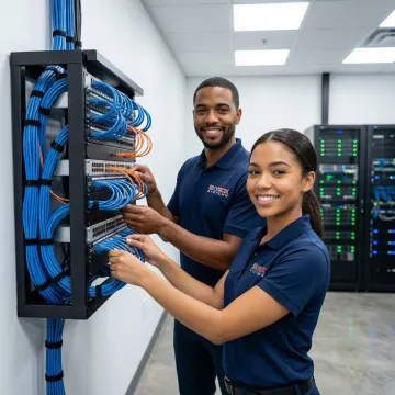 Professional network technicians installing structured cabling in Atlanta office