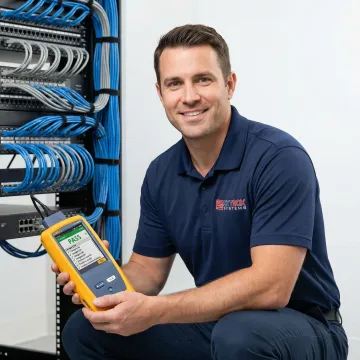 Certified technician testing network cabling with professional equipment