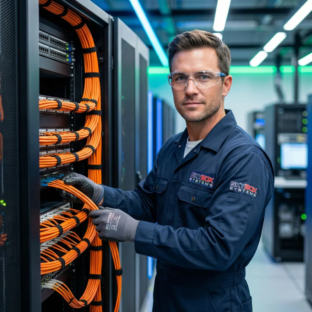 Professional fiber optic cable installation in a modern data center environment