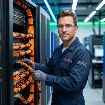 Professional fiber optic cable installation in a modern data center environment