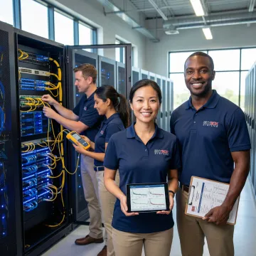 Team of fiber optic technicians collaborating on structured cabling project in professional setting