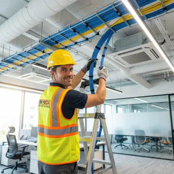 Professional technician installing structured network cabling in Atlanta office